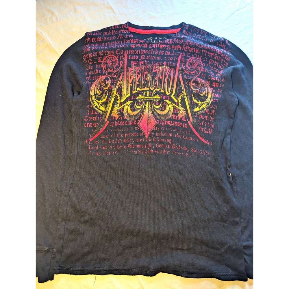 Affliction Thermal Shirt Mens M Skull Black Distressed Long Sleeve Y2K Grunge